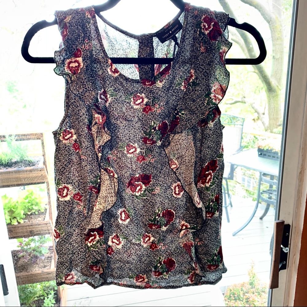 LUCKY BRAND FLORAL SLEEVELESS w RUFFLE DETAUK - Picture 4 of 8